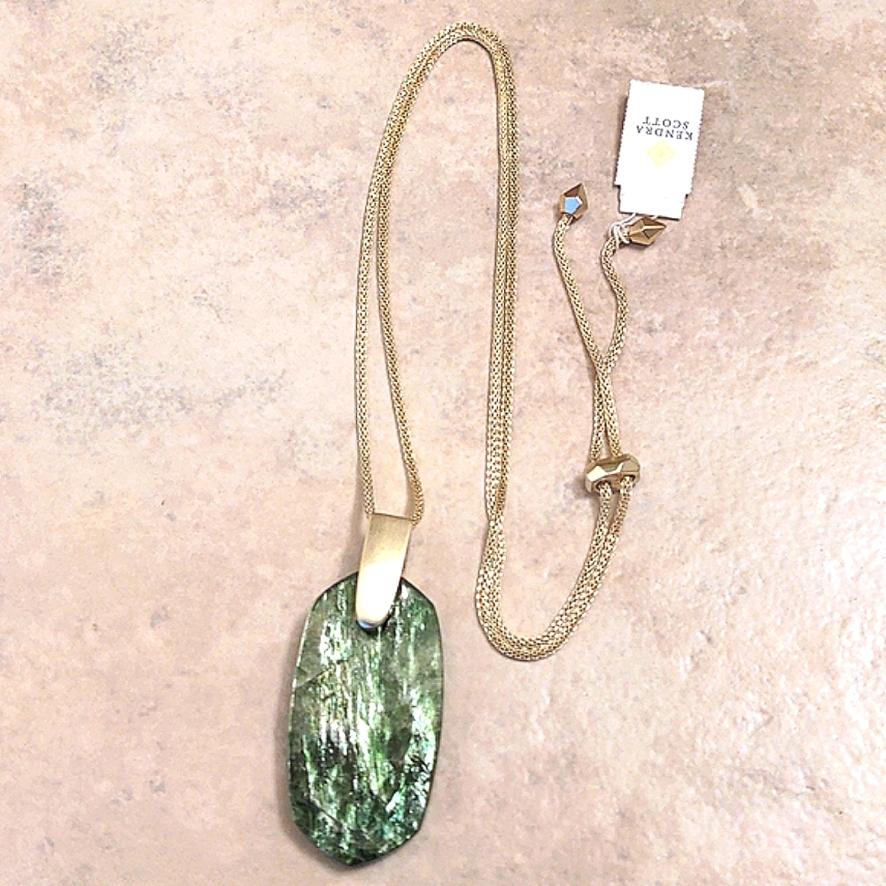 NEW Kendra Scott Inez Gold Long Pendant Necklace In Sage Mica